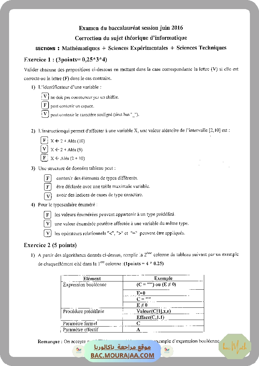 Corrigé principale info Bac 2016 – Section math